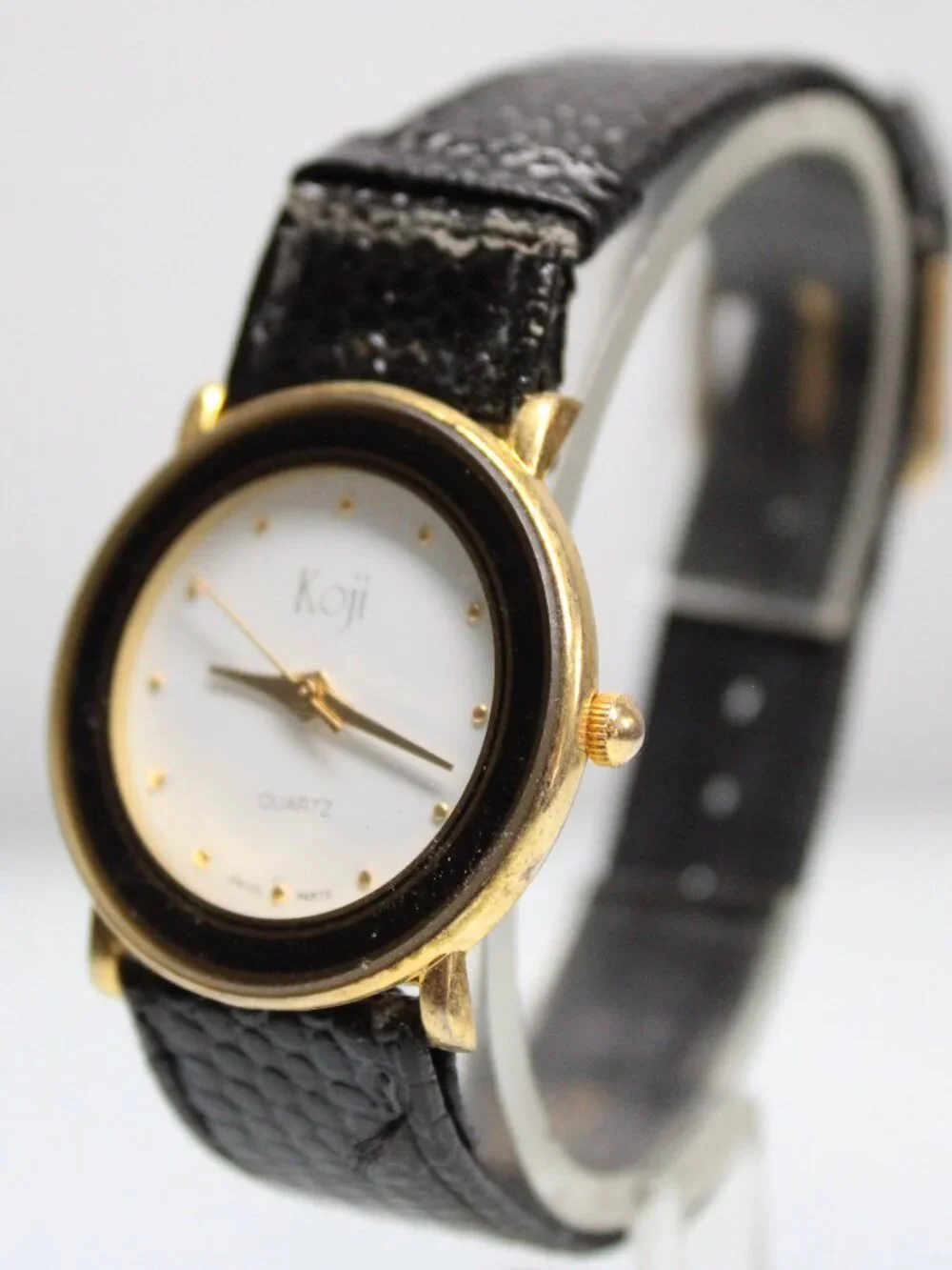 Koji Quartz Watch Swiss Parts Gold Tone White Dial Black Leather Band